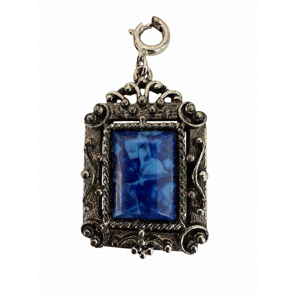 Vintage 1973 Sarah Coventry Roman Blue Marbled Cabochonn Pendant Silver Tone